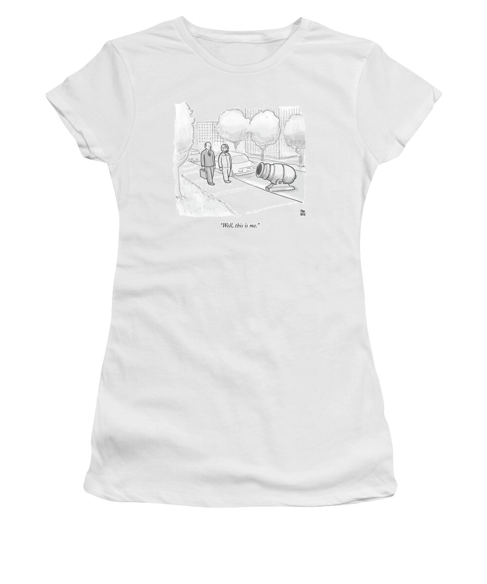 Stuntman Women's T-Shirt featuring the drawing A Stuntman With A Curly Mustache Walks Next by Paul Noth