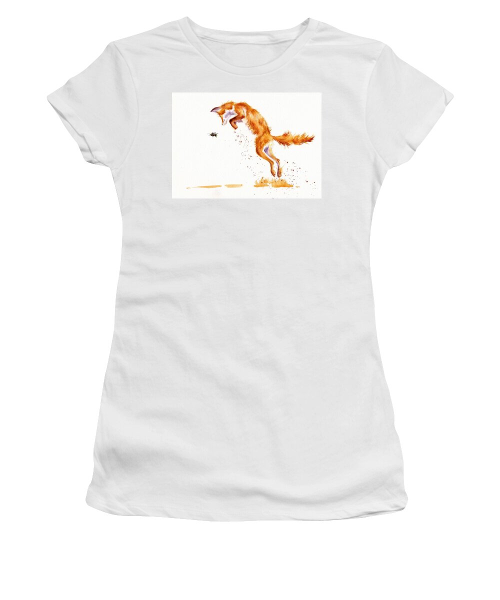Fox Women's T-Shirt featuring the painting Red Fox - A Summer Jumper by Debra Hall