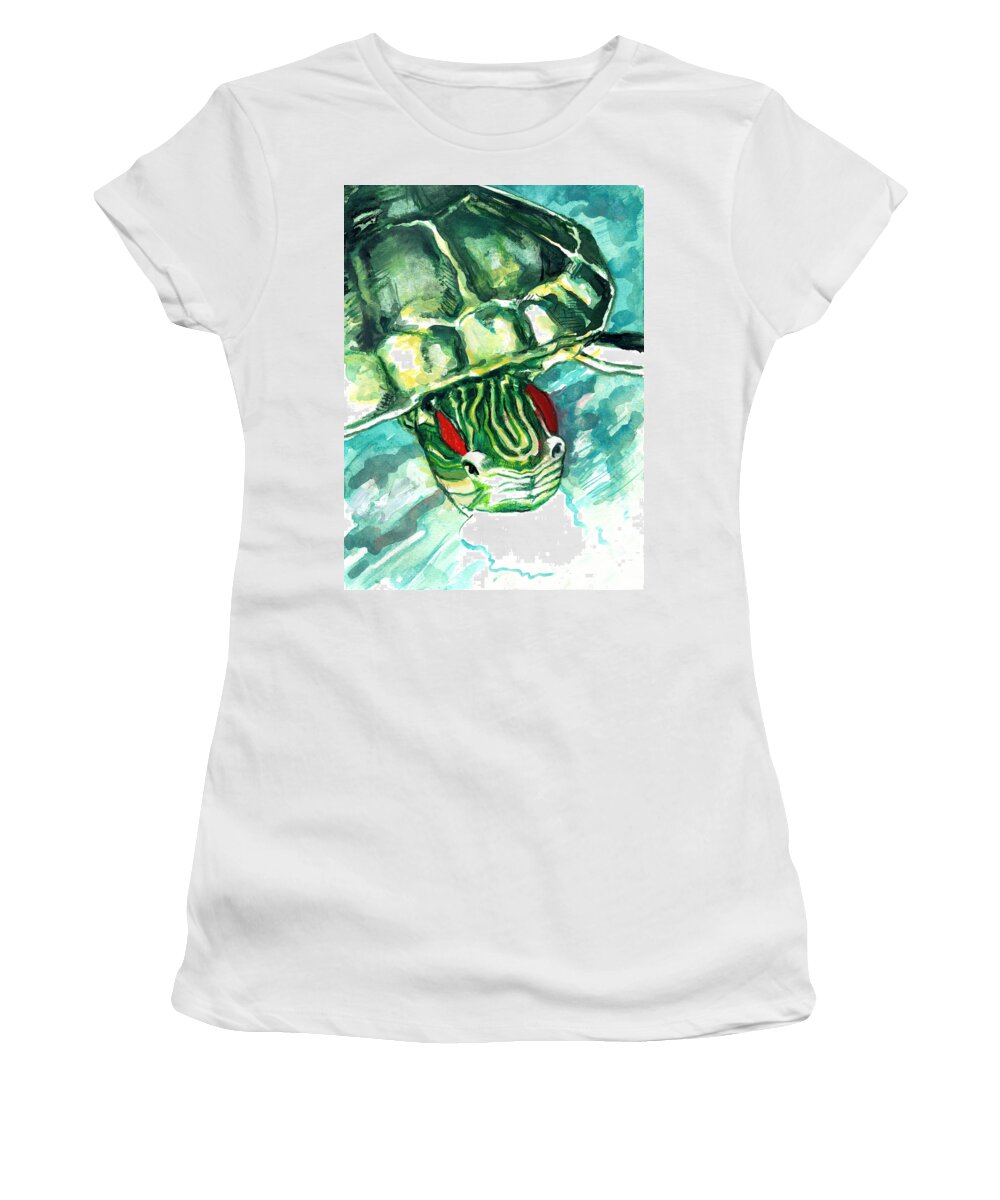 Turtle Women's T-Shirt featuring the painting A Turtle Who Likes To Eat Fish by Rene Capone