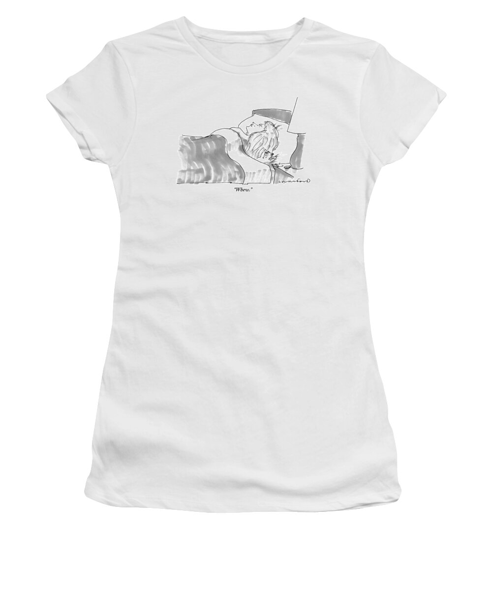 Bedroom Scenes Women's T-Shirt featuring the drawing A Very Tiny Man Sighs With Exhausted While Lying by Michael Crawford
