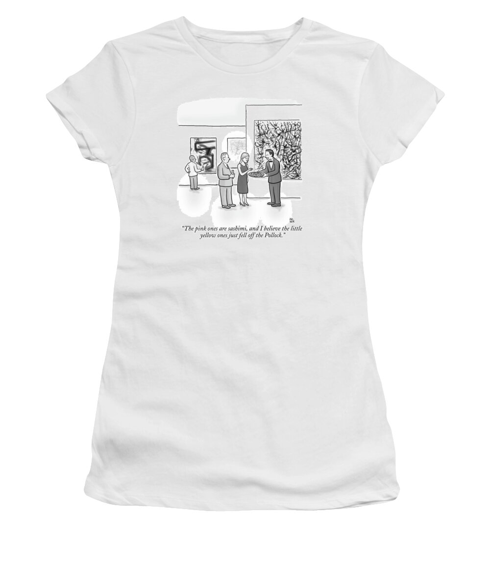 Art Galleries Women's T-Shirt featuring the drawing A Waiter Is Seen Speaking With A Woman In An Art by Paul Noth