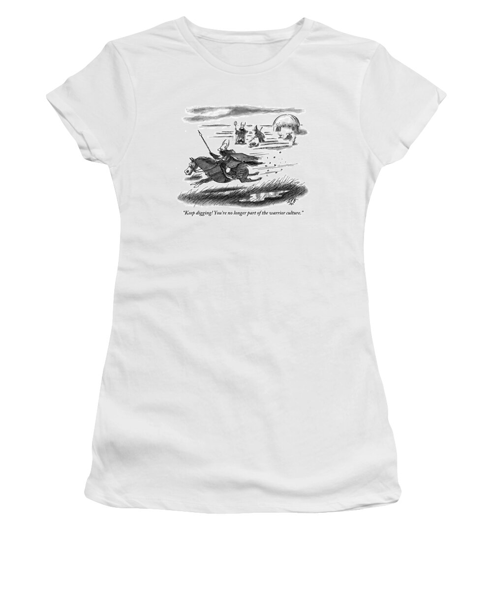 Peasants Women's T-Shirt featuring the drawing A Warrior Speeds By On Horseback While Two Others by Frank Cotham