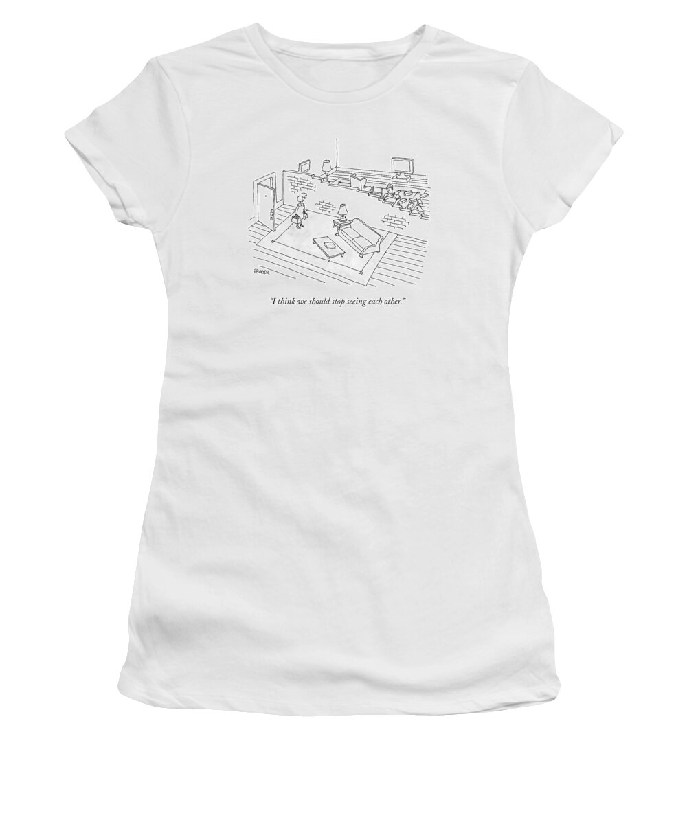 Cctk Women's T-Shirt featuring the drawing A Wife Comes Home To Find Her Husband Building by Jack Ziegler
