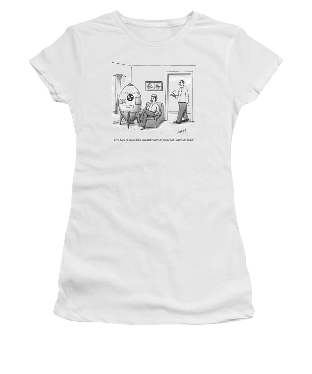 Atom Bomb Women's T-Shirt featuring the drawing A Wife On The Phone Sits Next To A Bomb by Tom Cheney