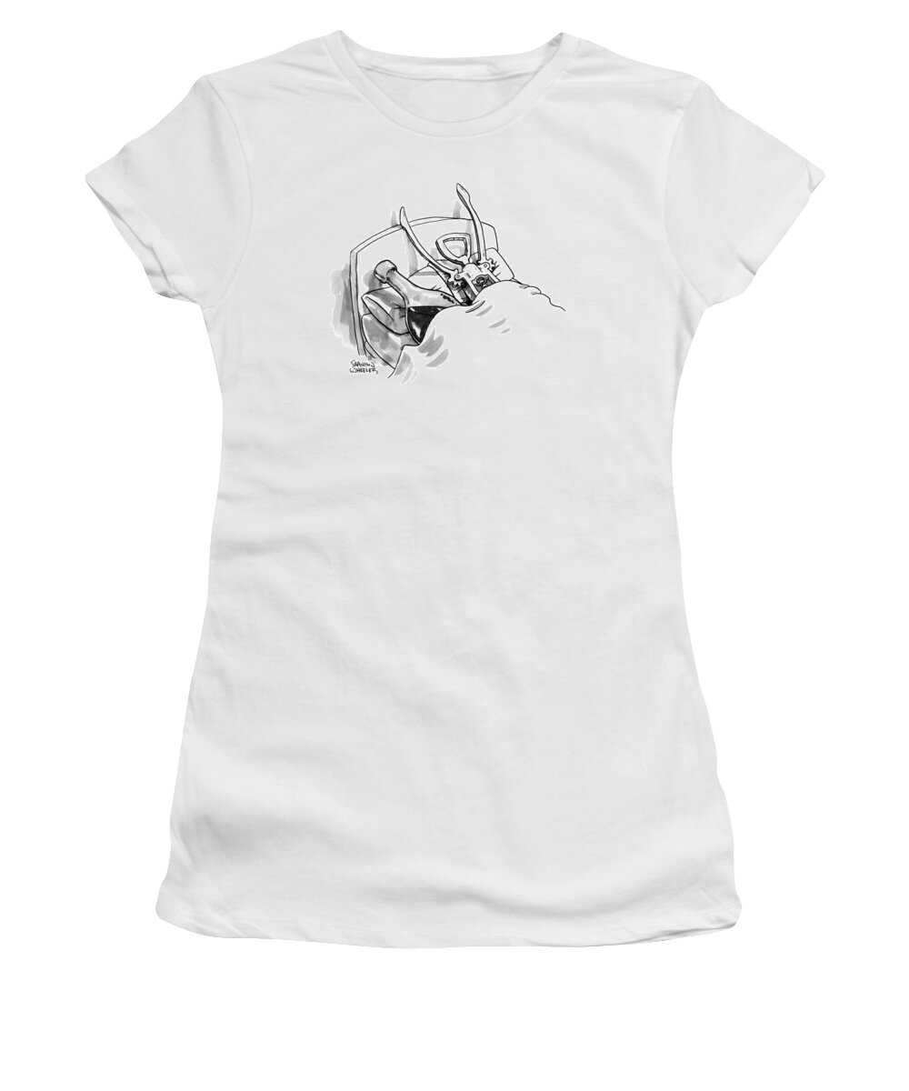 Captionless Women's T-Shirt featuring the drawing A Wine Opener And A Bottle Lay In Bed Like by Shannon Wheeler