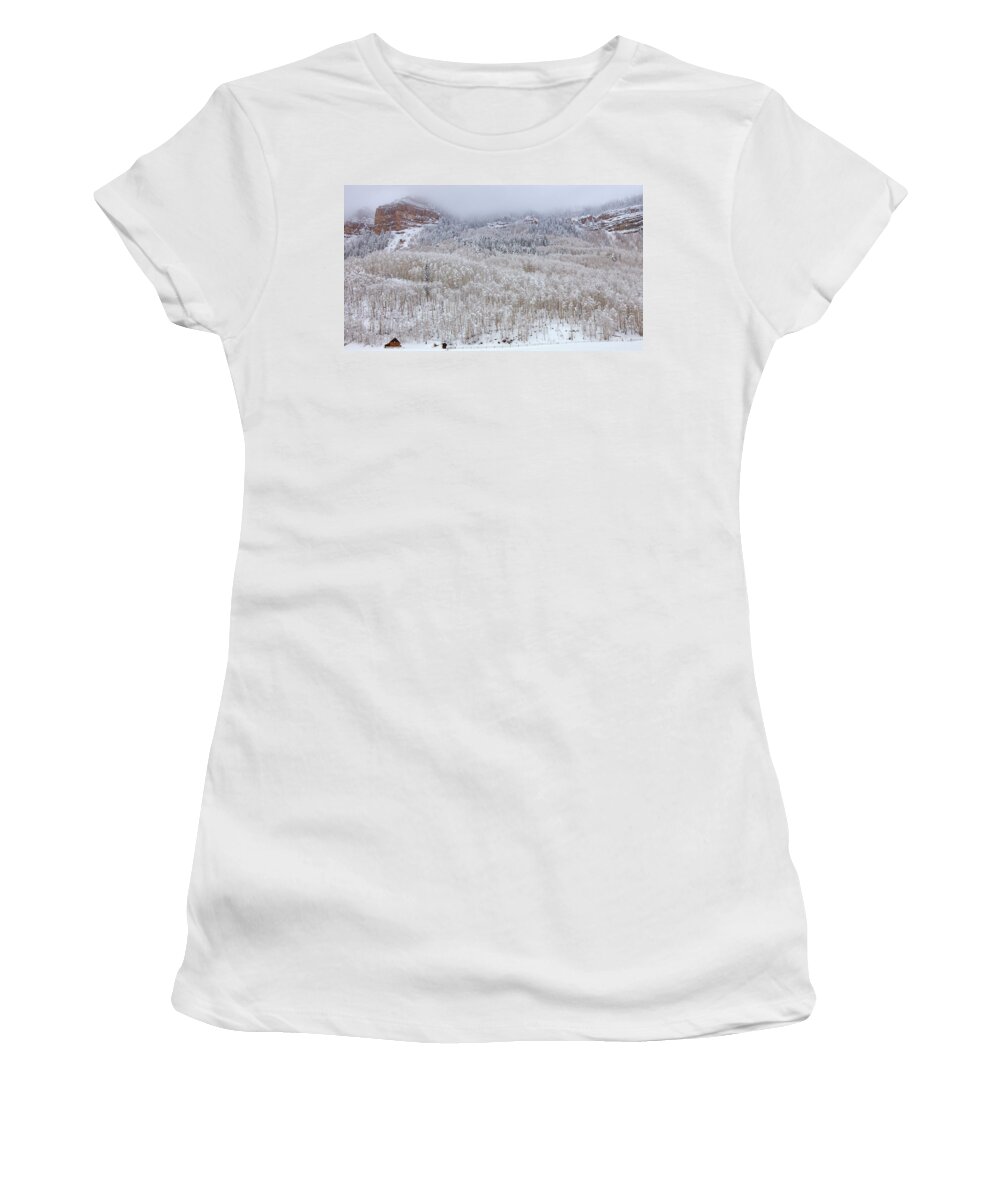  River Women's T-Shirt featuring the photograph A Winter Cabin by Darren White