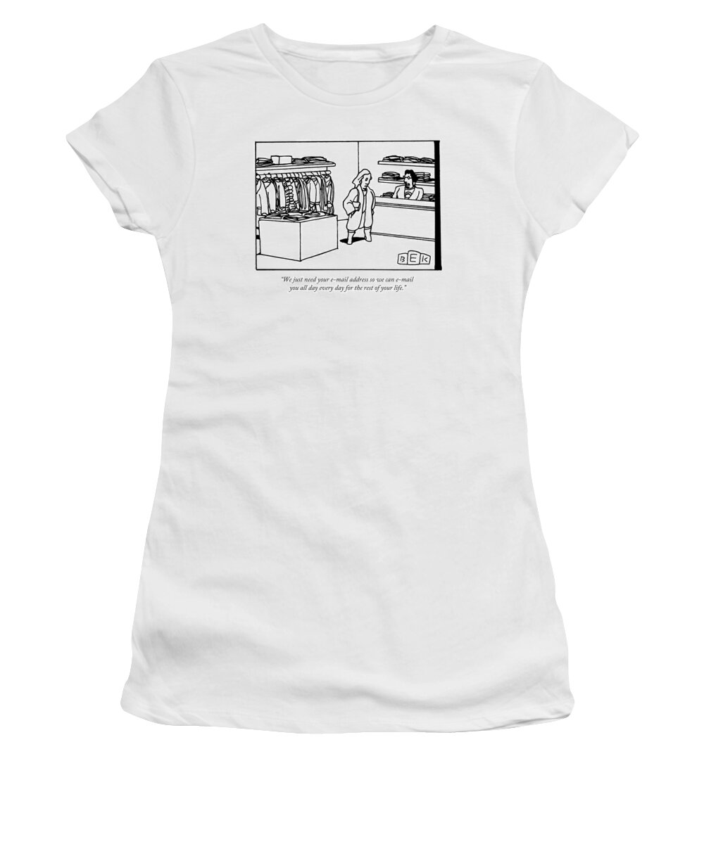 Store Women's T-Shirt featuring the drawing A Woman Checking Out At A Clothing Store by Bruce Eric Kaplan
