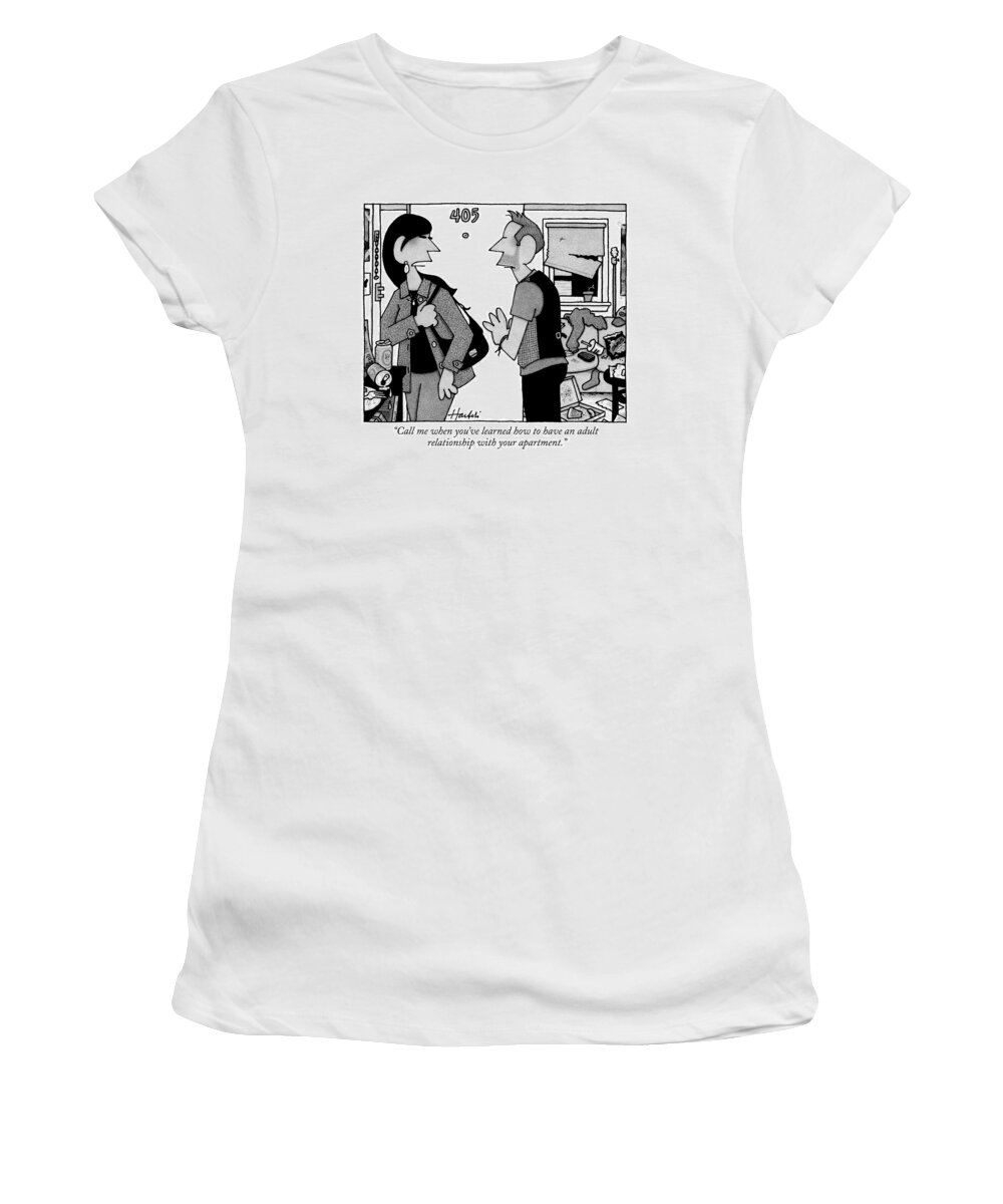 Relationships Women's T-Shirt featuring the drawing A Woman Leaves A Man's Apartment by William Haefeli