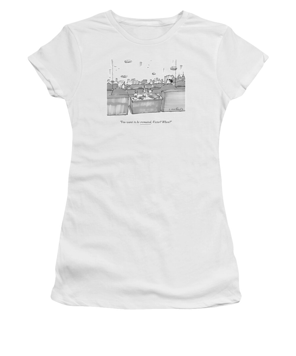 Couple Women's T-Shirt featuring the drawing A Woman Reading While A Man Stands by Michael Crawford