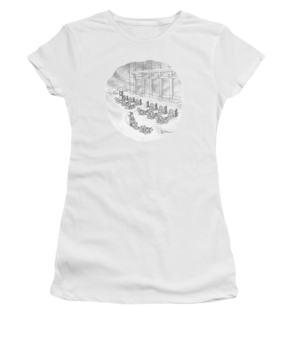 Citi Bike Women's T-Shirt featuring the drawing A Woman Rents A Dog Sled Out Of A Row Of Kiosks by David Borchart