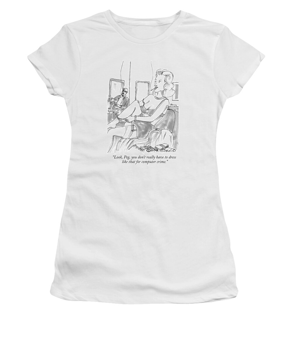 Crime Women's T-Shirt featuring the drawing A Woman Smoking A Cigarette Pulls On Garters by Michael Crawford