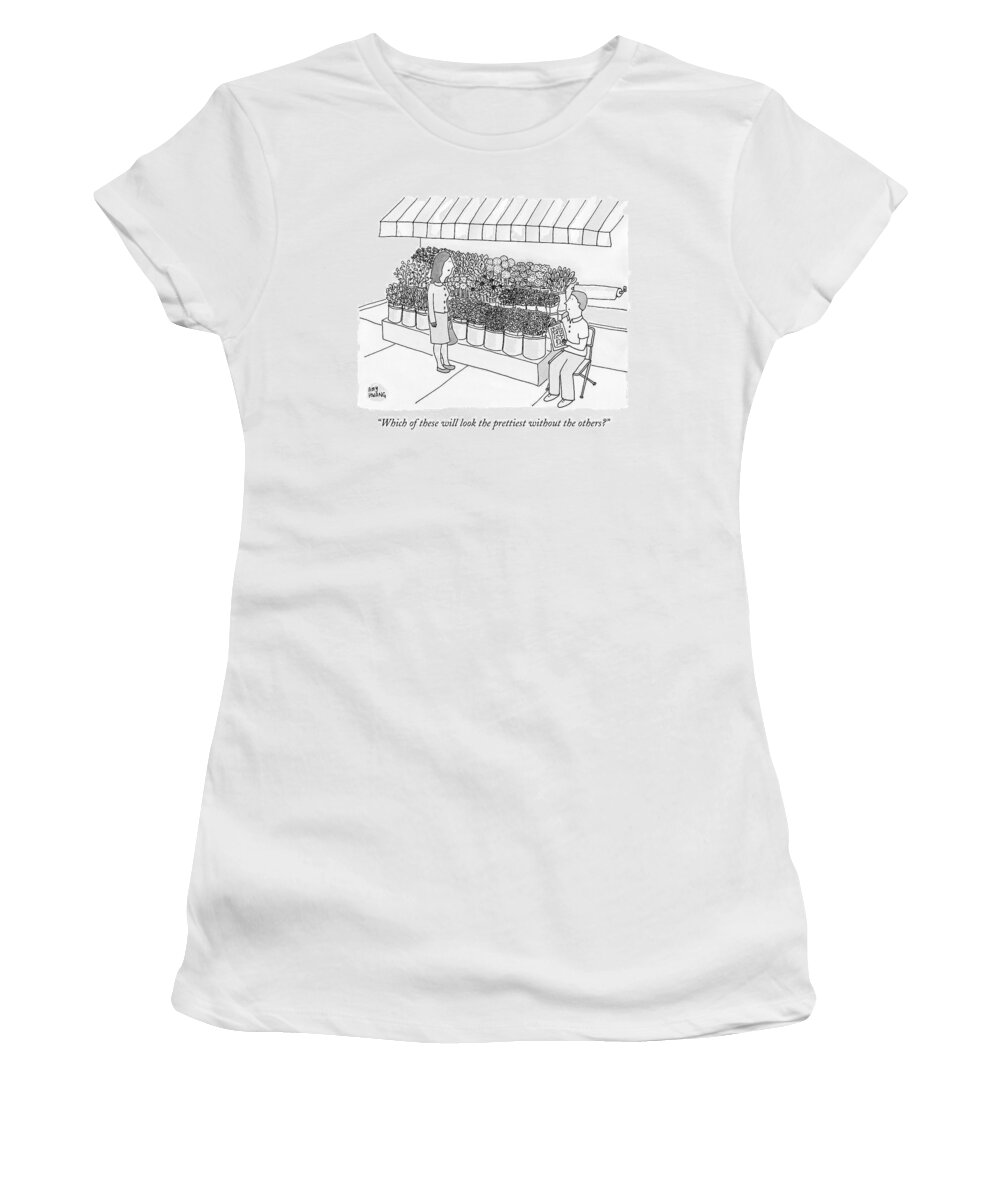 Flowers Women's T-Shirt featuring the drawing A Woman Speaks To A Florist As She Looks by Amy Hwang
