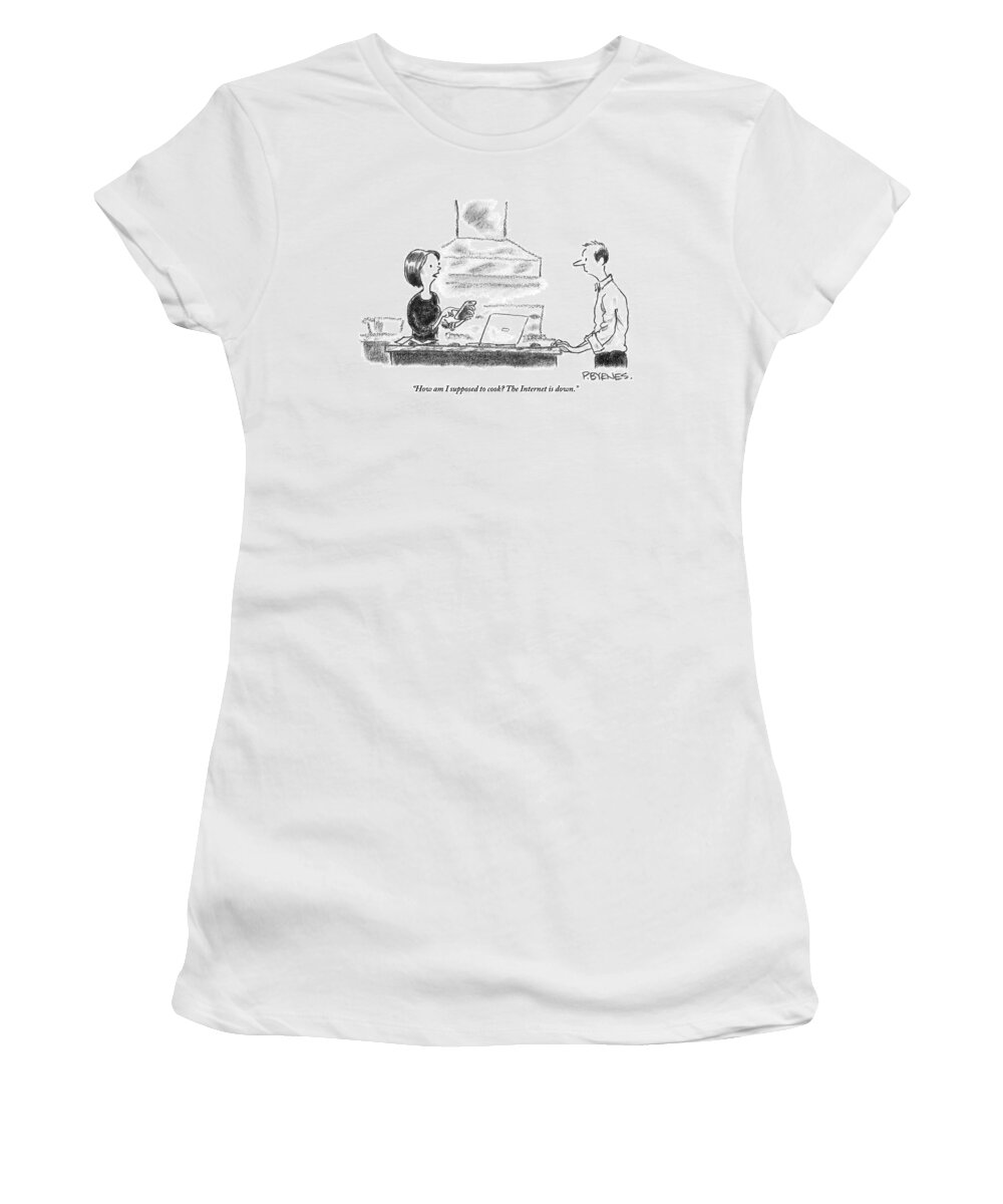 Internet Women's T-Shirt featuring the drawing A Woman Stands In The Kitchen Helplessly by Pat Byrnes