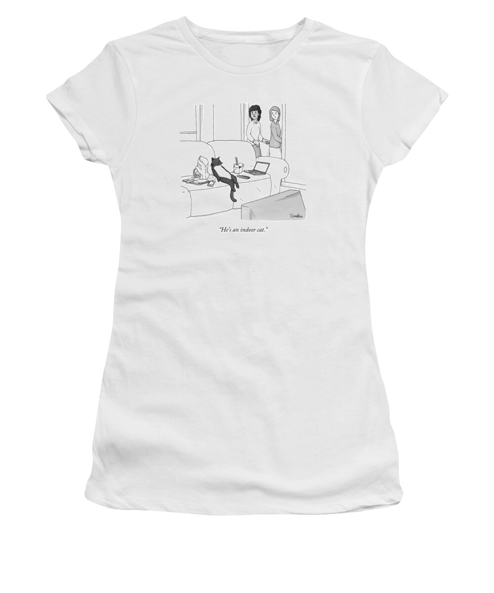 Pet Women's T-Shirt featuring the drawing He's an Indoor Cat by Charlie Hankin