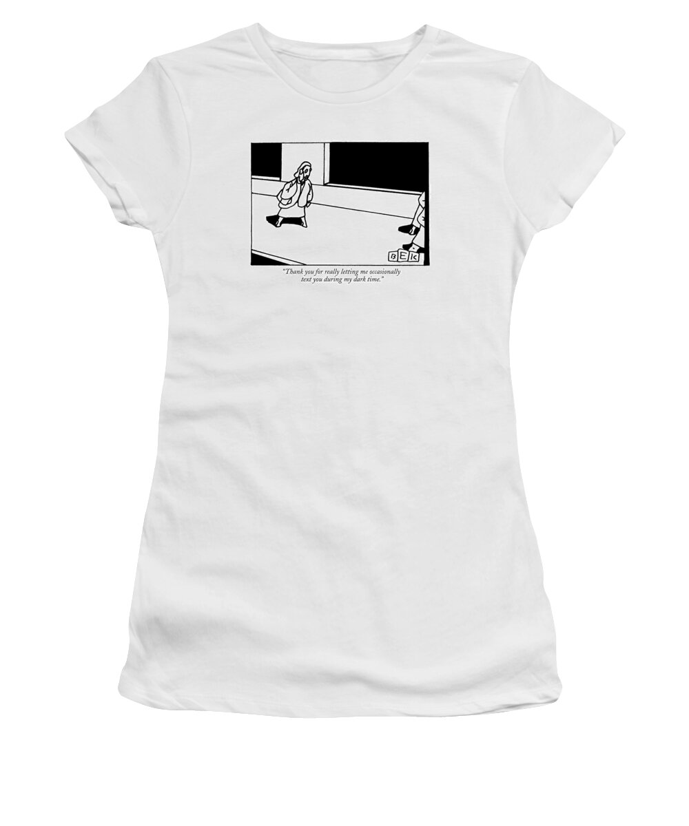 Phone Women's T-Shirt featuring the drawing A Woman Walks Down The Street While Talking by Bruce Eric Kaplan