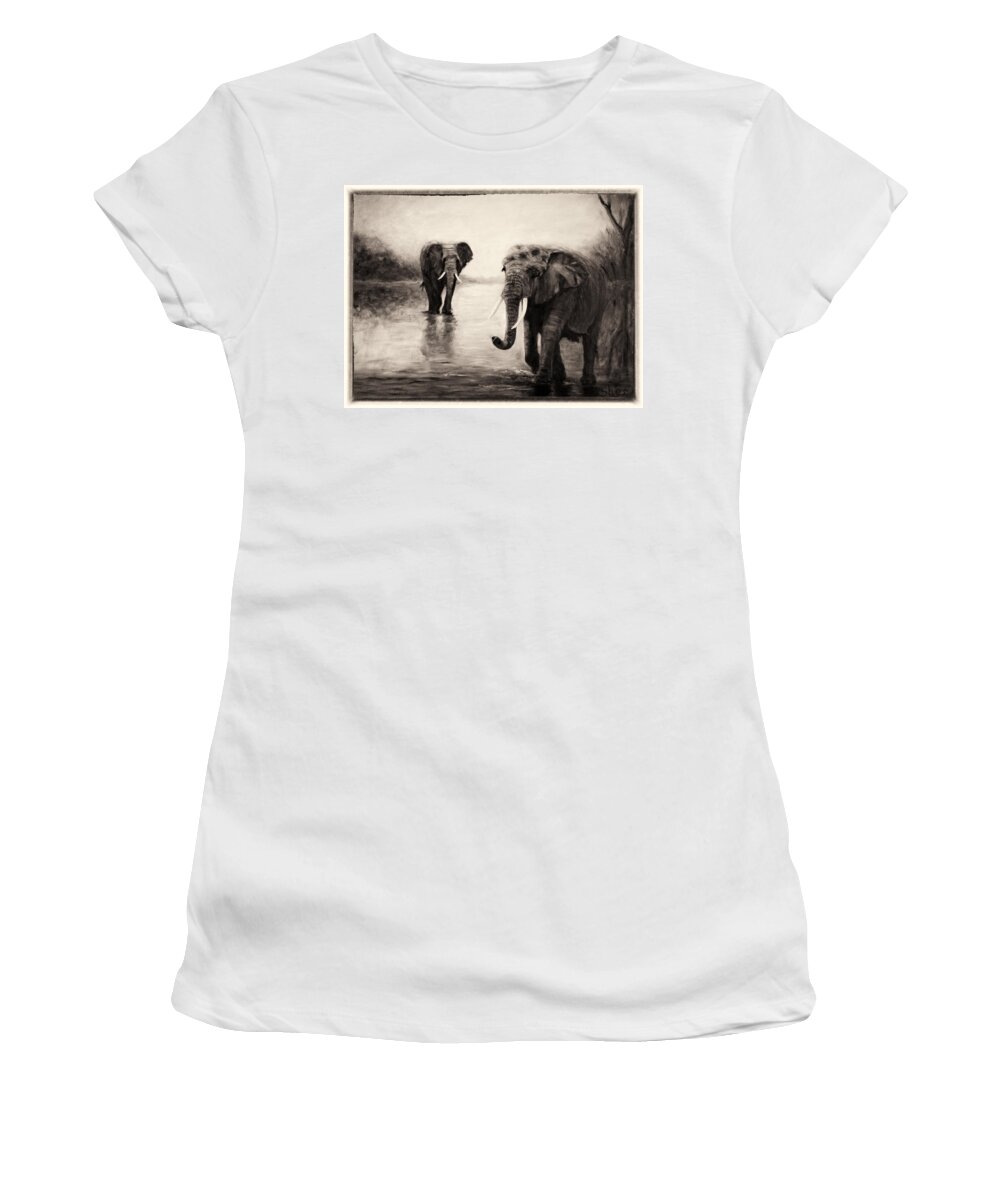 African Elephants Women's T-Shirt featuring the painting African Elephants at Sunset by Sher Nasser
