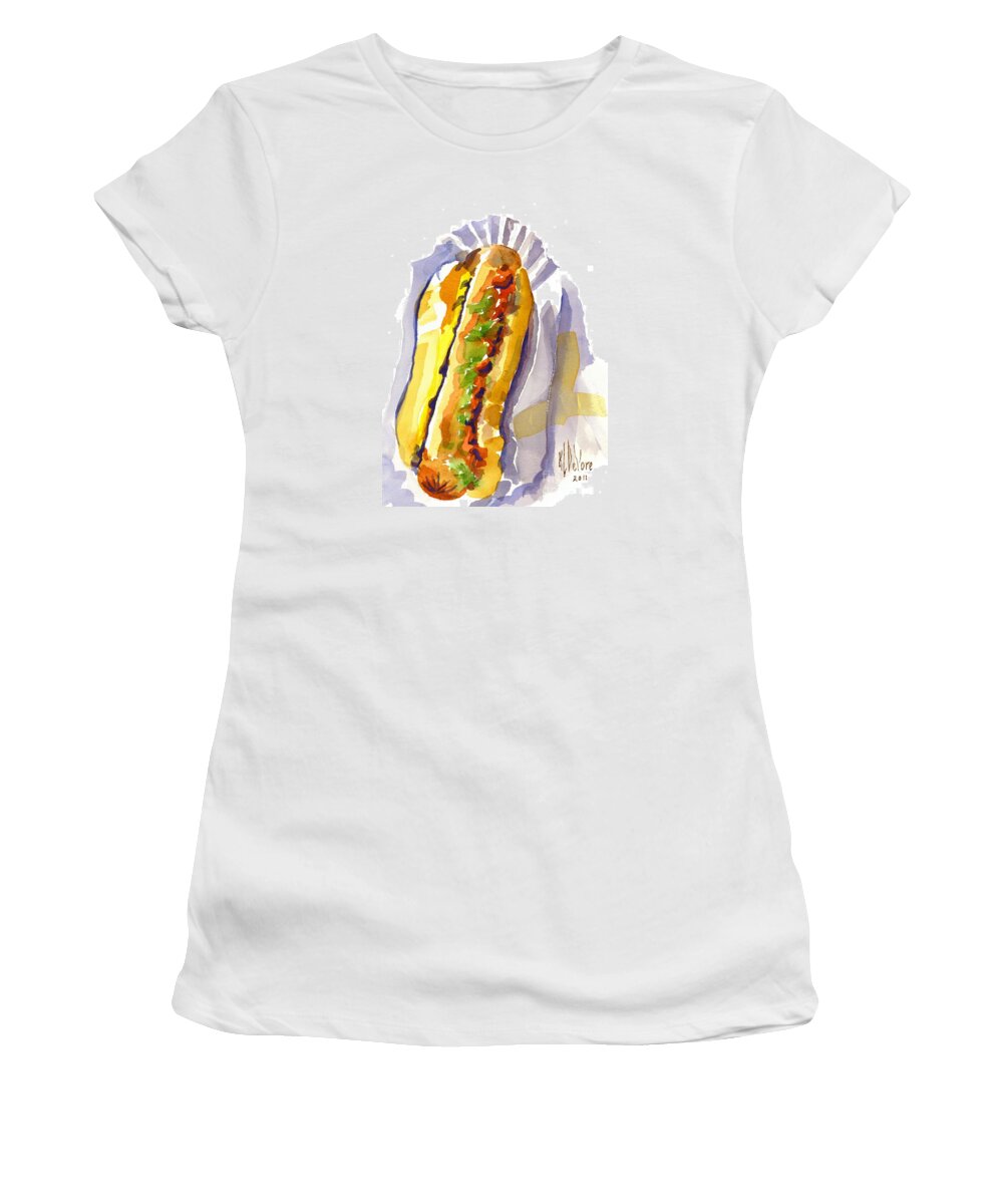 All Beef Ballpark Hot Dog With The Works To Go In Broad Daylight Women's T-Shirt featuring the painting All Beef Ballpark Hot Dog with the Works to Go in Broad Daylight by Kip DeVore