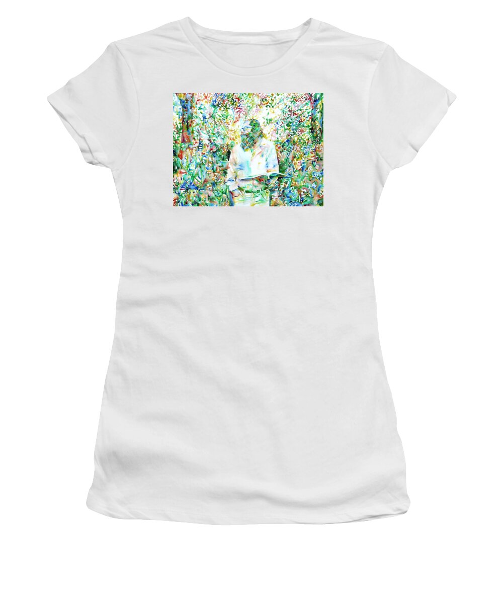 Allen Women's T-Shirt featuring the painting ALLEN GINSBERG reading at the park by Fabrizio Cassetta