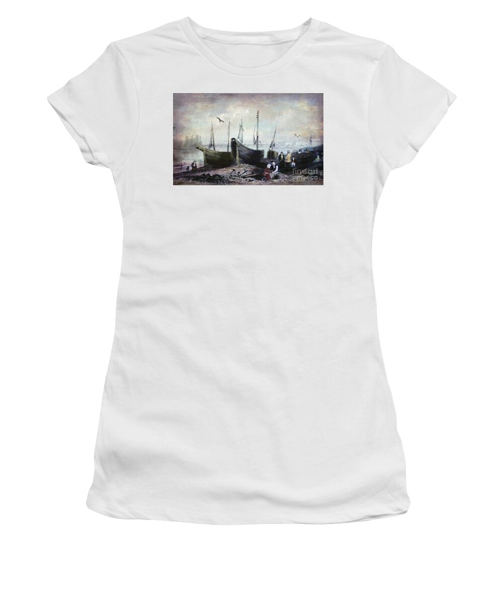 Allonby Women's T-Shirt featuring the digital art Allonby - Fishing Village 1840s by Lianne Schneider