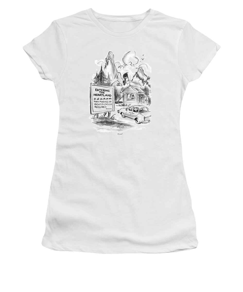 Autos Travel Vacations Word Play Homeland Security

(couple In Car At Checkpoint Reading Sign ) 120063 Llo Lee Lorenz Women's T-Shirt featuring the drawing Already? by Lee Lorenz