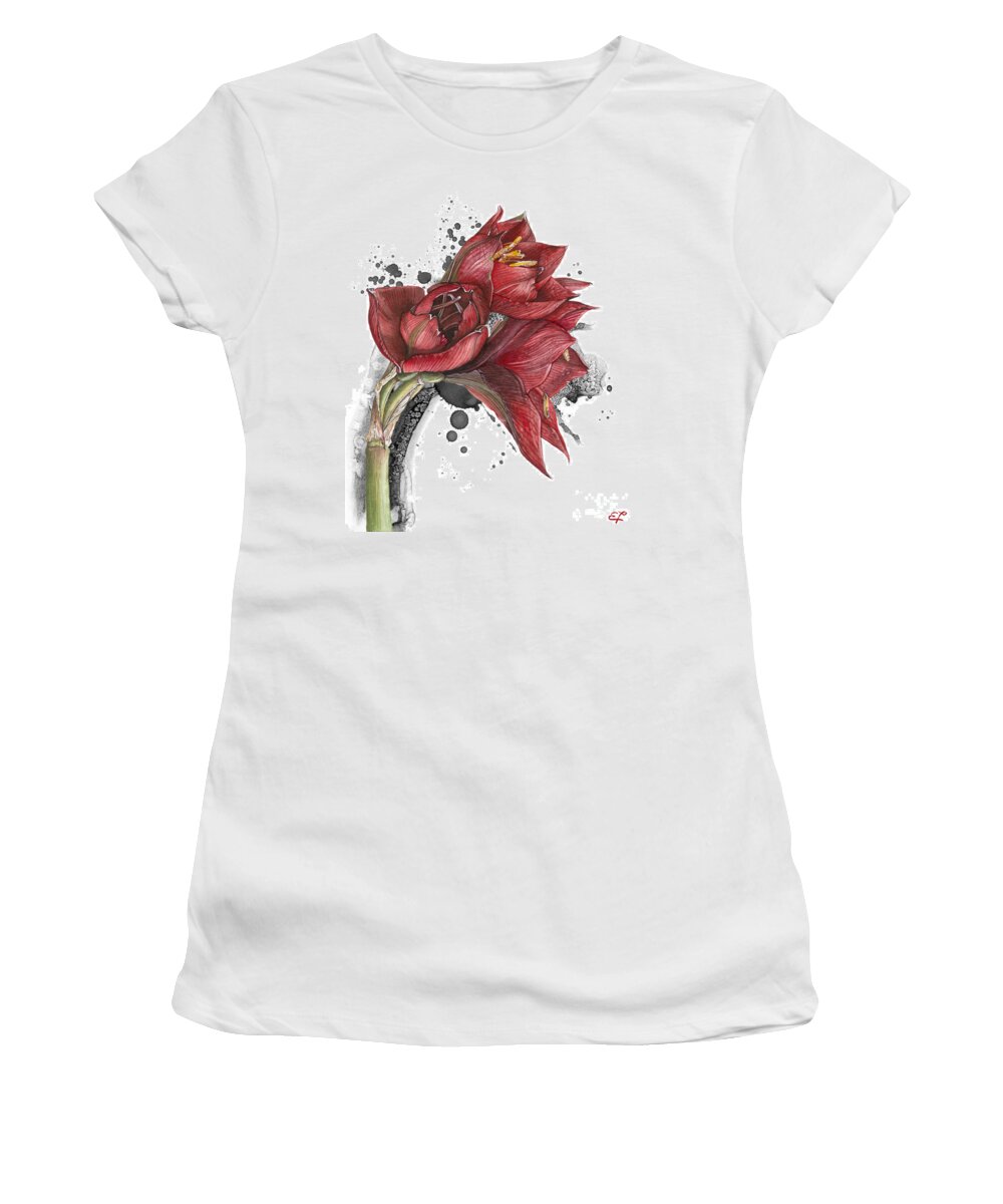Amaryllis Women's T-Shirt featuring the painting Amaryllis Flowers - 2. - Elena Yakubovich by Elena Daniel Yakubovich