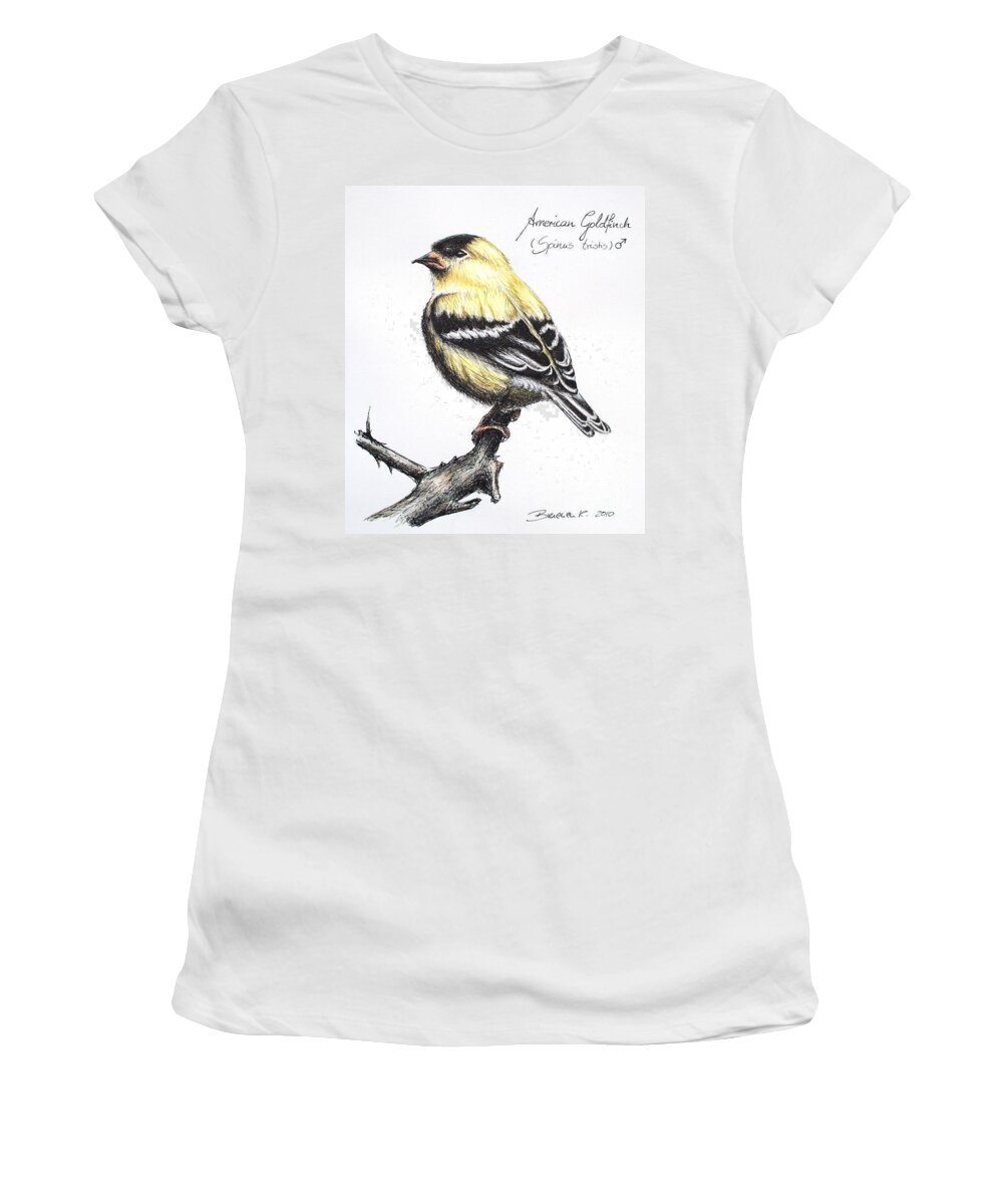 American Goldfinch Women's T-Shirt featuring the drawing American Goldfinch by Katharina Bruenen