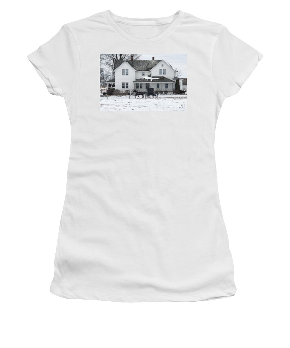 Amish Women's T-Shirt featuring the photograph Amish Buggy and Amish House by David Arment