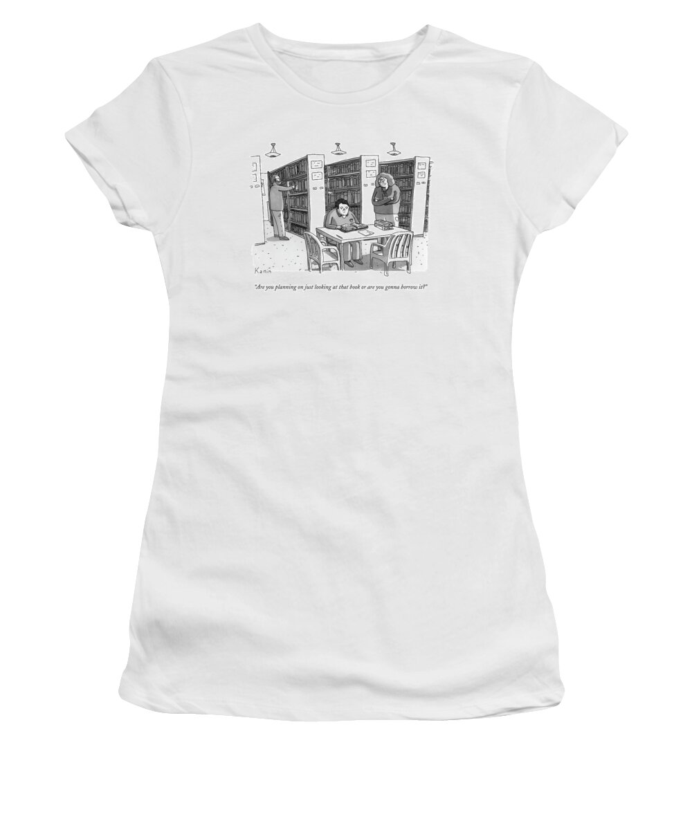 Libraries Women's T-Shirt featuring the drawing An Aged Librarian Speaks To A Man Reading A Book by Zachary Kanin
