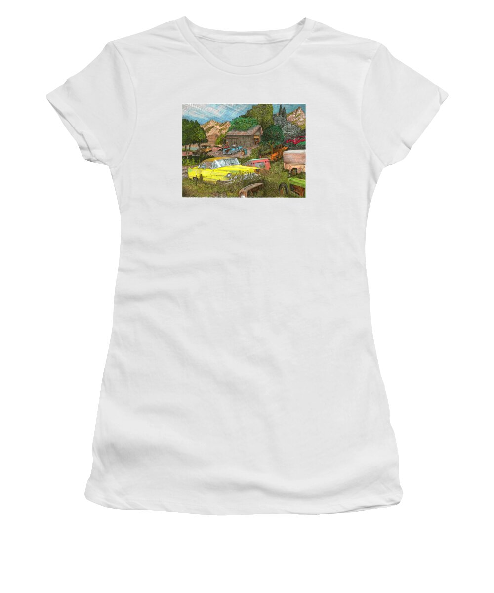 Feature Your Car In A Classic Car Painting Women's T-Shirt featuring the painting American Field of Dreams by Jack Pumphrey