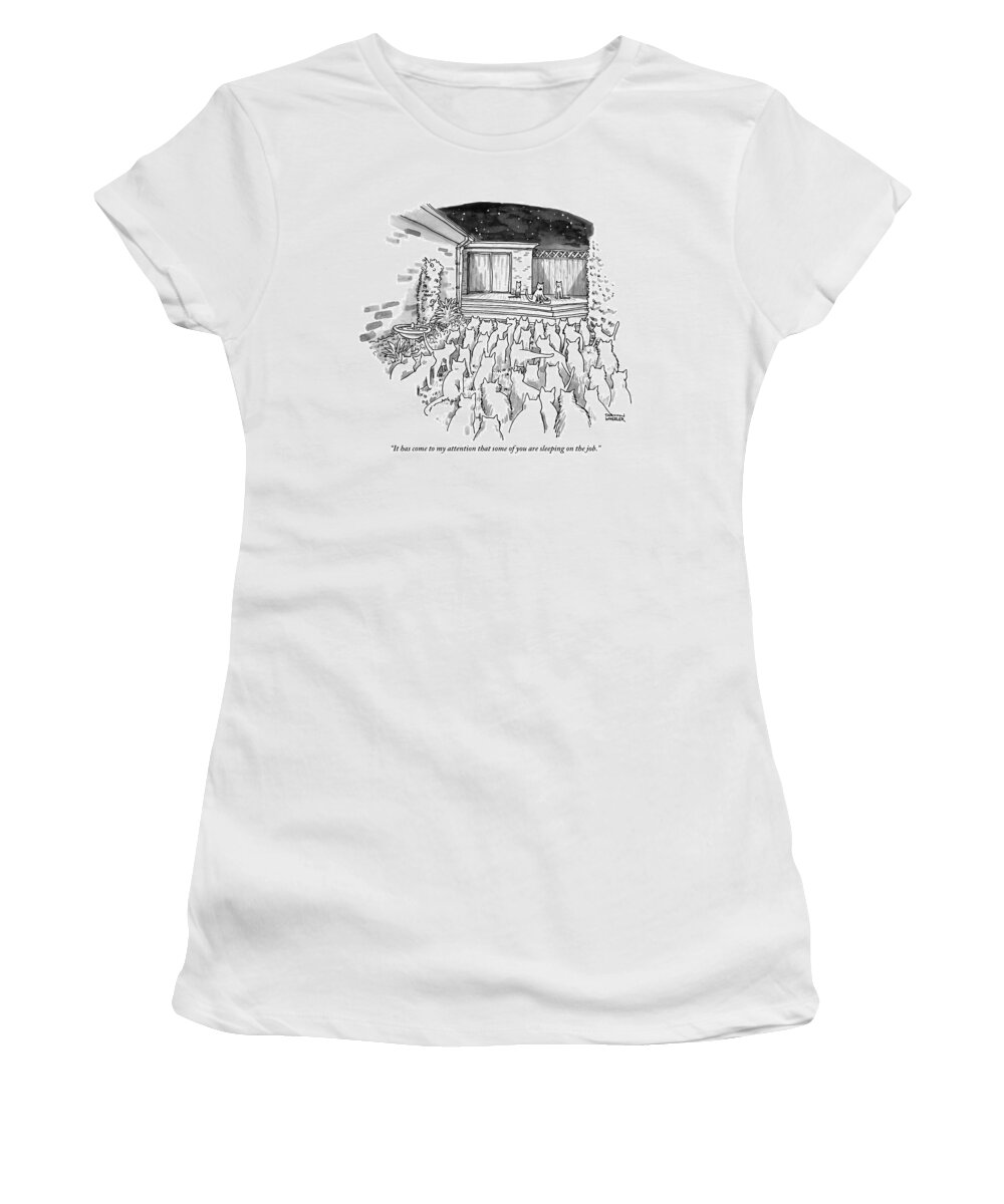Cat Women's T-Shirt featuring the drawing An Assembly Of Cats In A Backyard Led By Three by Shannon Wheeler