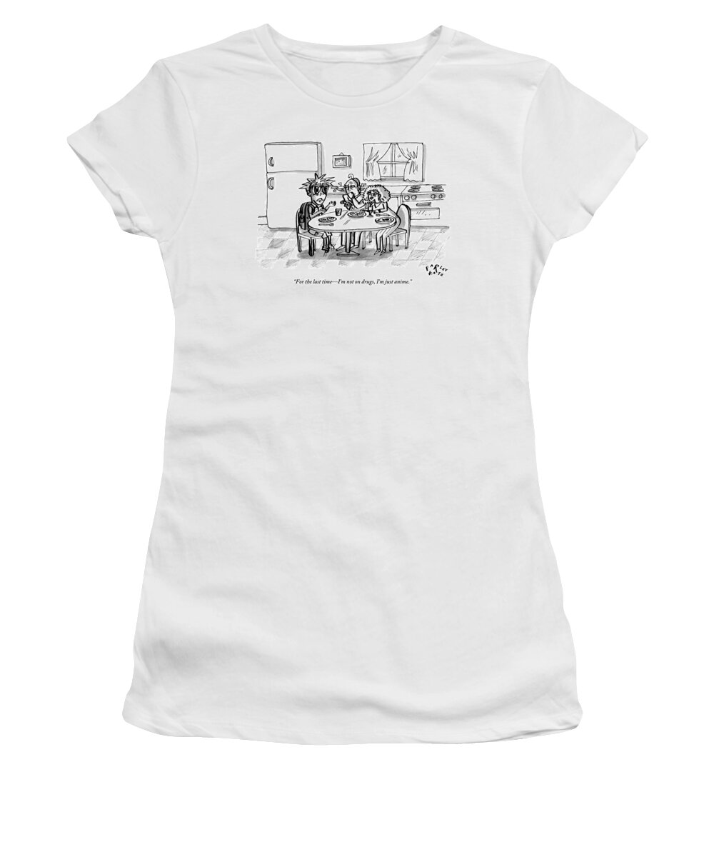 Anime Women's T-Shirt featuring the drawing An Boy Drawn In Characteristically Anime Style by Farley Katz
