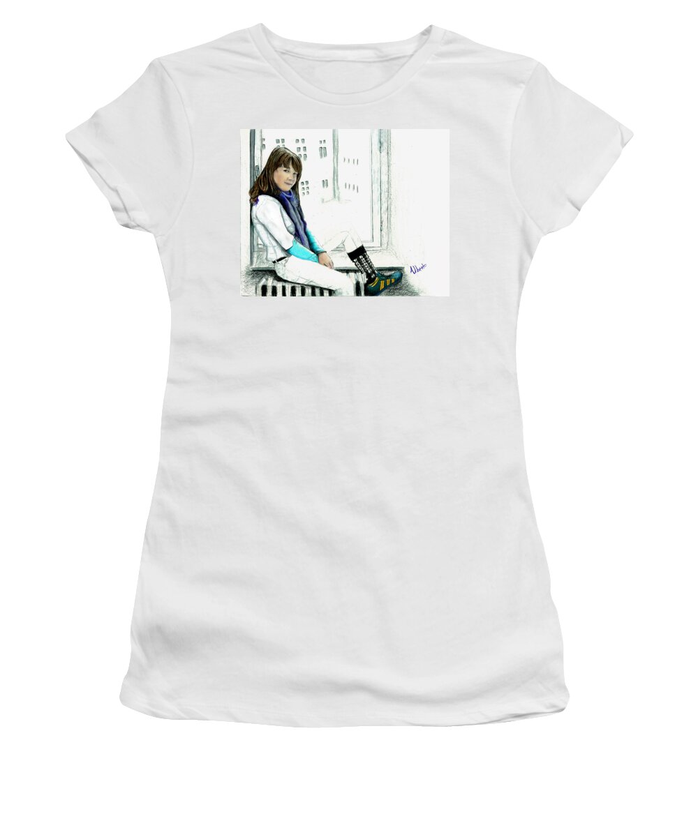 Young Girl Women's T-Shirt featuring the drawing Antonela in the Window by Albert Puskaric