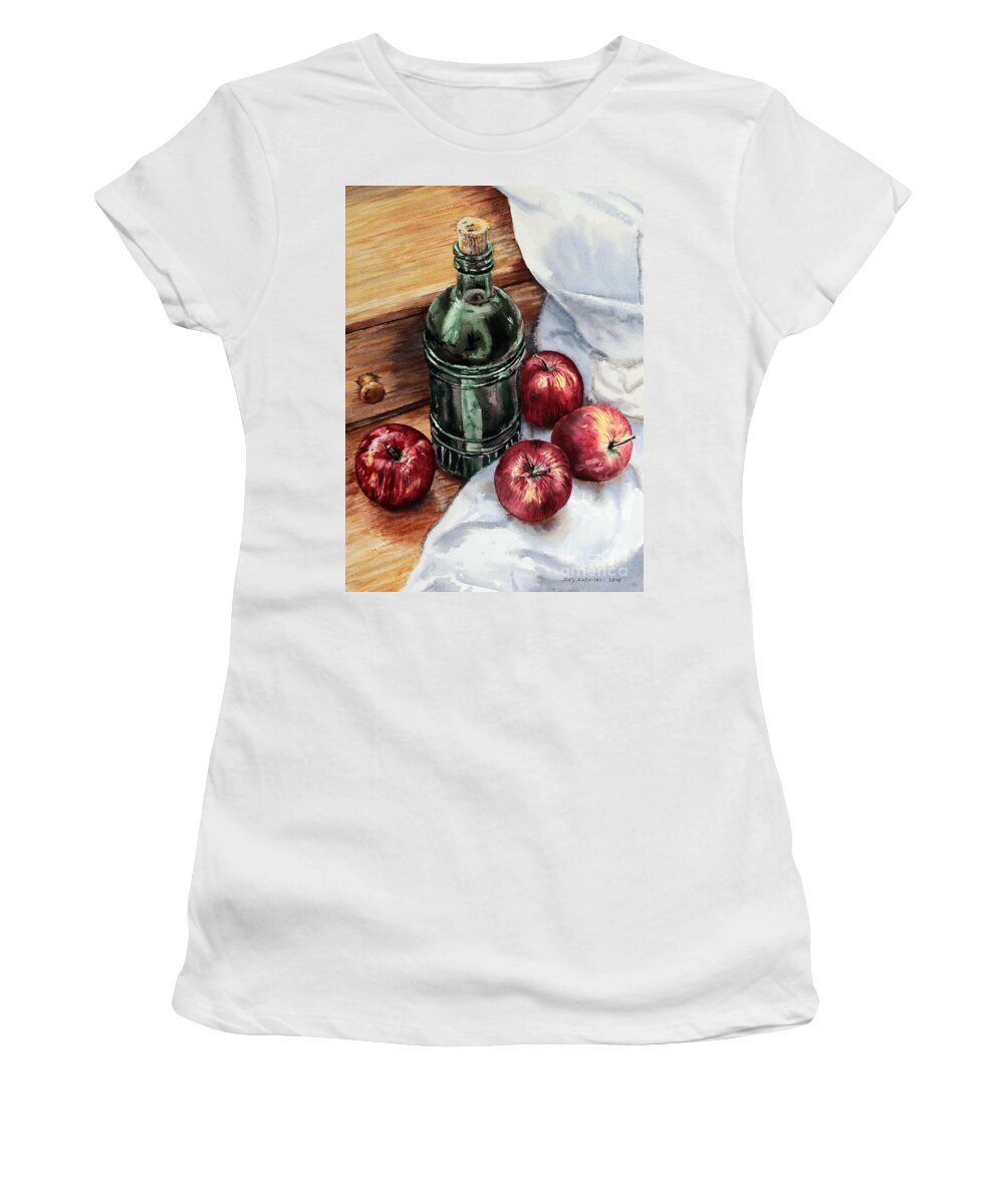 Watercolor Women's T-Shirt featuring the painting Apples and a Bottle of Liqueur by Joey Agbayani