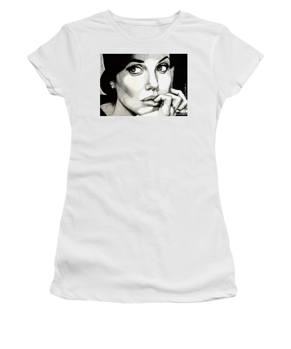 Angelina Jolie Women's T-Shirt featuring the drawing Apprehension by Cory Still