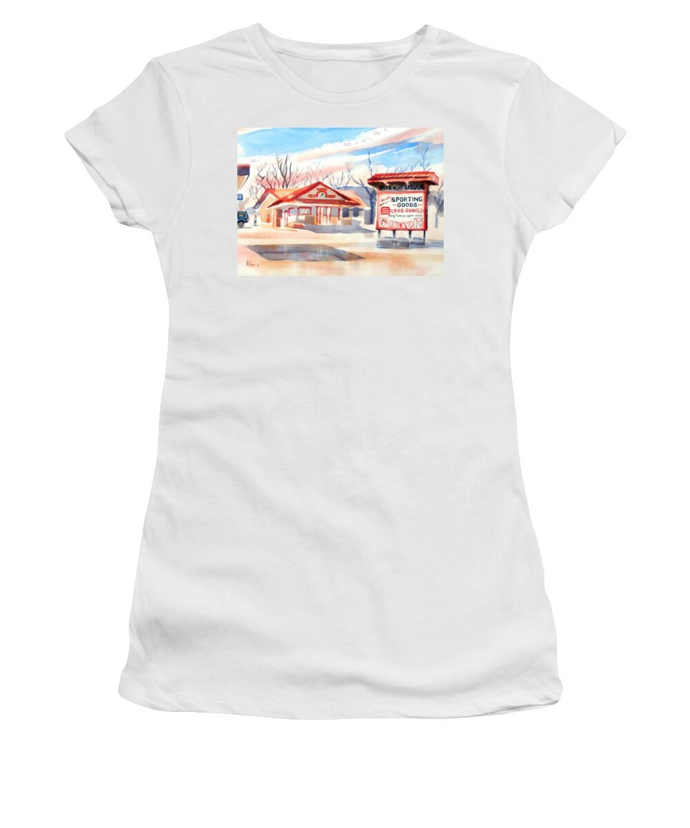 Arcadia Sporting Goods In Autumn Glow Women's T-Shirt featuring the painting Arcadia Sporting Goods in Autumn Glow by Kip DeVore