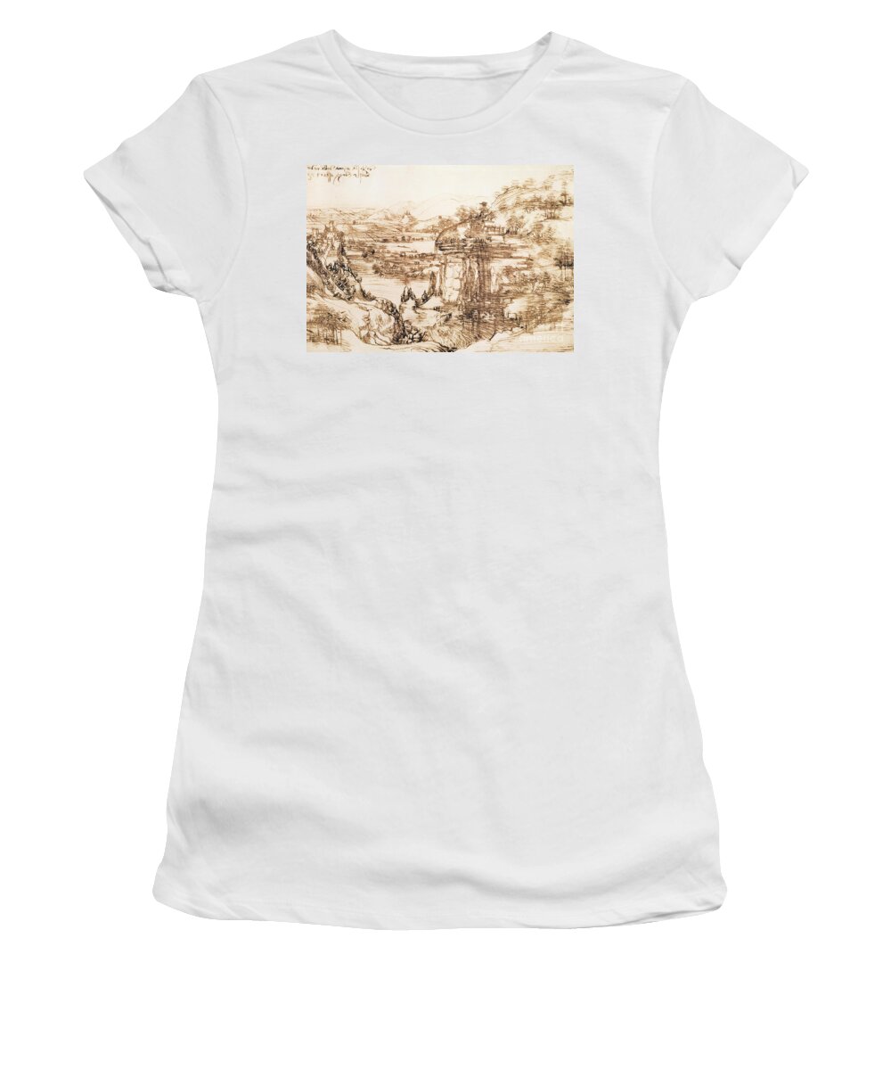 Leonardo Da Vinci Women's T-Shirt featuring the drawing Arno Landscape by Leonardo da Vinci