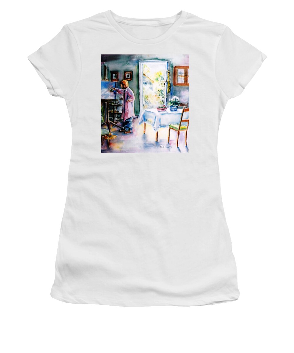 Watercolor Interior Women's T-Shirt featuring the painting Artist at work in Summer by Trudi Doyle