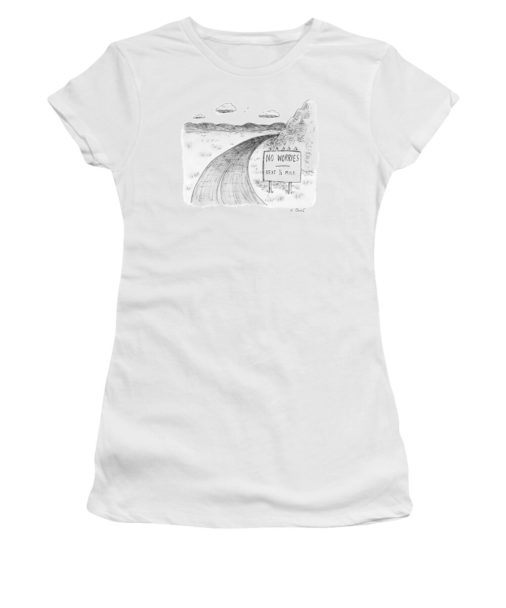 Road Signs Women's T-Shirt featuring the drawing At The Side Of A Stretch Of Rural Road by Roz Chast