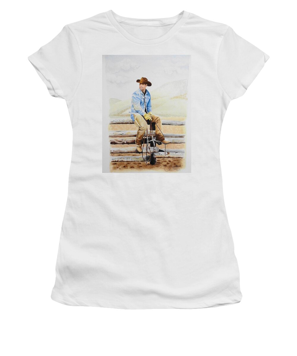 Western Women's T-Shirt featuring the painting Awaitin' Judgement by Jimmy Smith