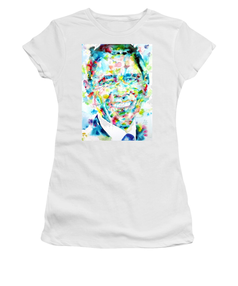 Barack Obama Women's T-Shirt featuring the painting BARACK OBAMA - watercolor portrait by Fabrizio Cassetta