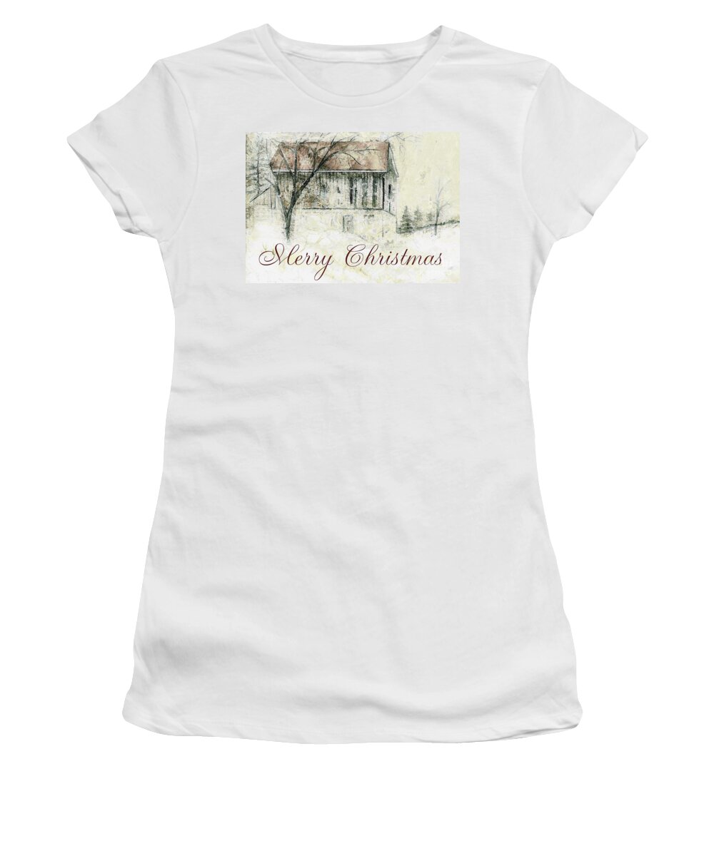 Barn Women's T-Shirt featuring the mixed media Barn in Snow Christmas Card by Claire Bull