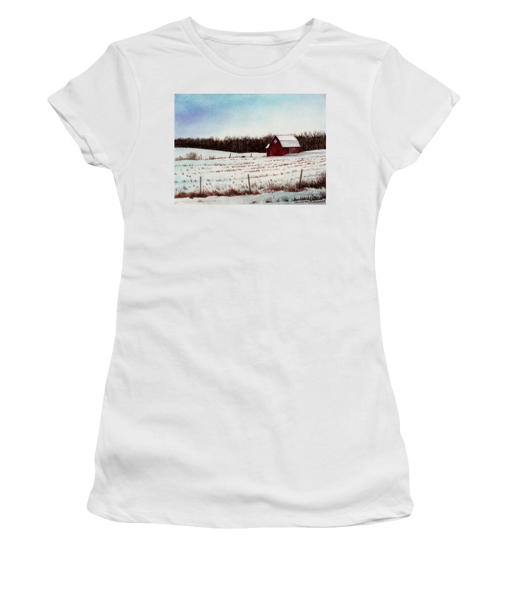 Barn Women's T-Shirt featuring the painting Tree Farm Barn in the snow number two by Christopher Shellhammer