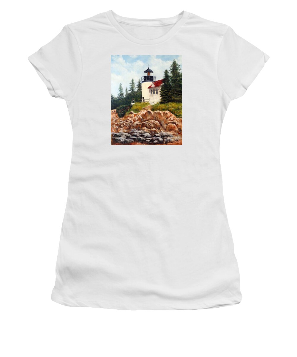 Bass Harbor Lighthouse Women's T-Shirt featuring the painting Bass Harbor Head Light by Lee Piper