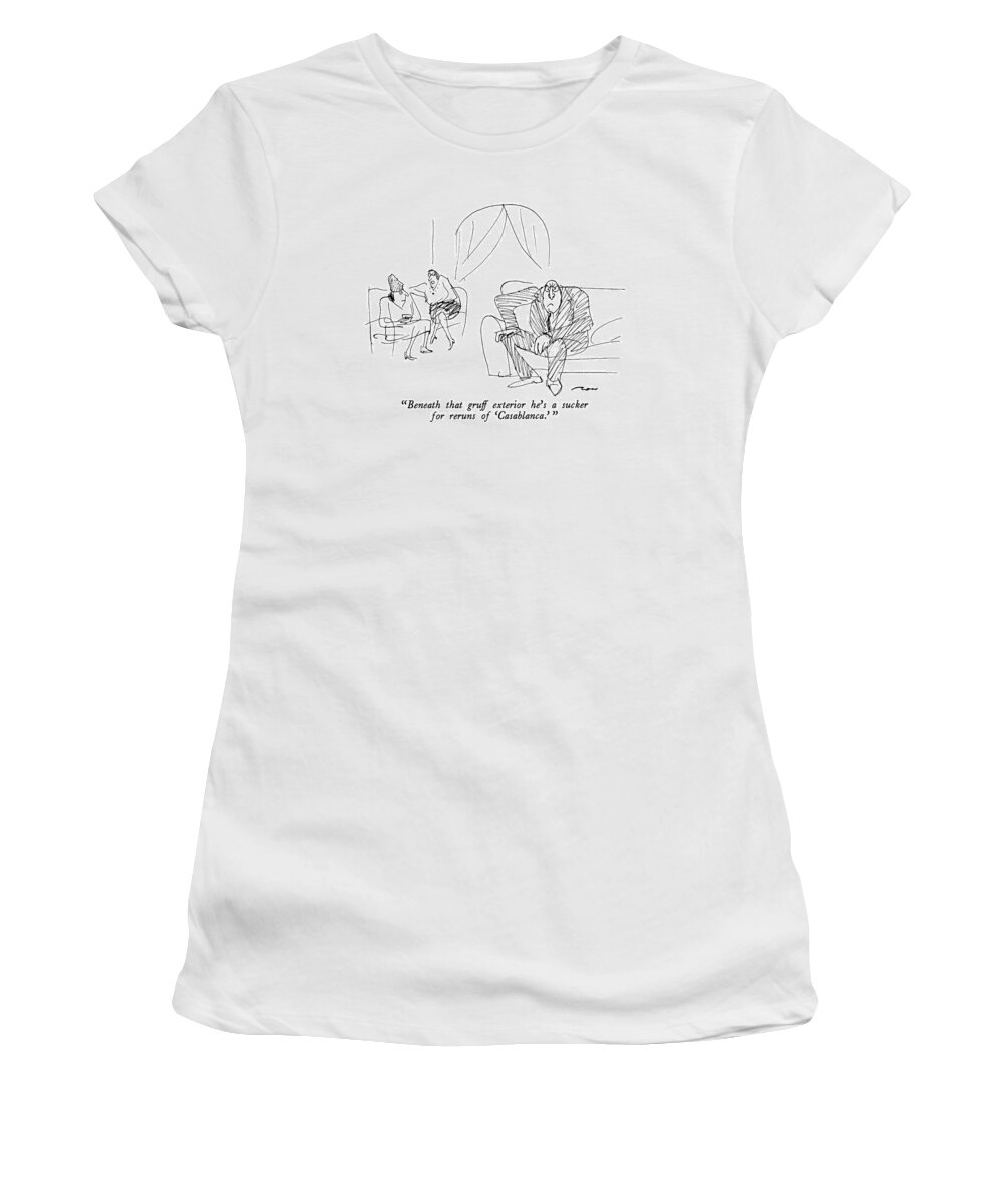 

' Wife To Friend About Husband Staring Intently. 
Women Discussing Men Women's T-Shirt featuring the drawing Beneath That Gruff Exterior He's A Sucker by Al Ross