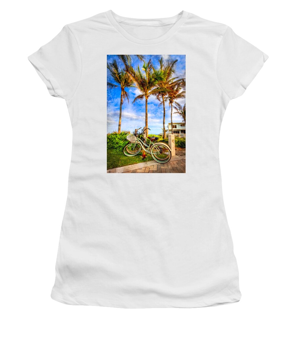 Clouds Women's T-Shirt featuring the photograph Bicycles Under the Palms by Debra and Dave Vanderlaan