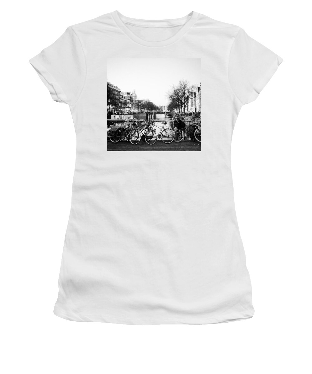  Women's T-Shirt featuring the photograph Bikes And Canals by Aleck Cartwright