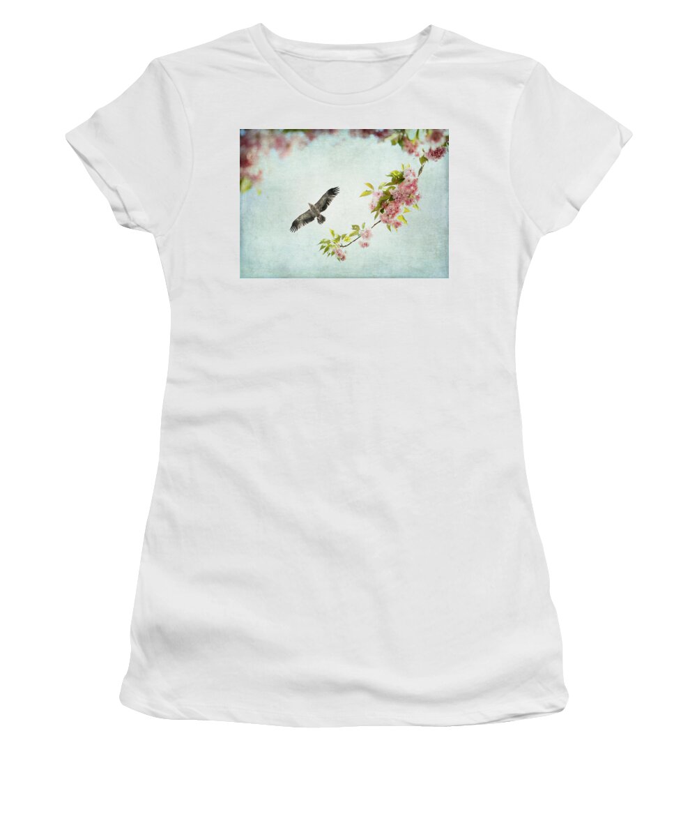 Pastel Women's T-Shirt featuring the photograph Bird and Pink and Green Flowering Branch on Blue by Brooke T Ryan