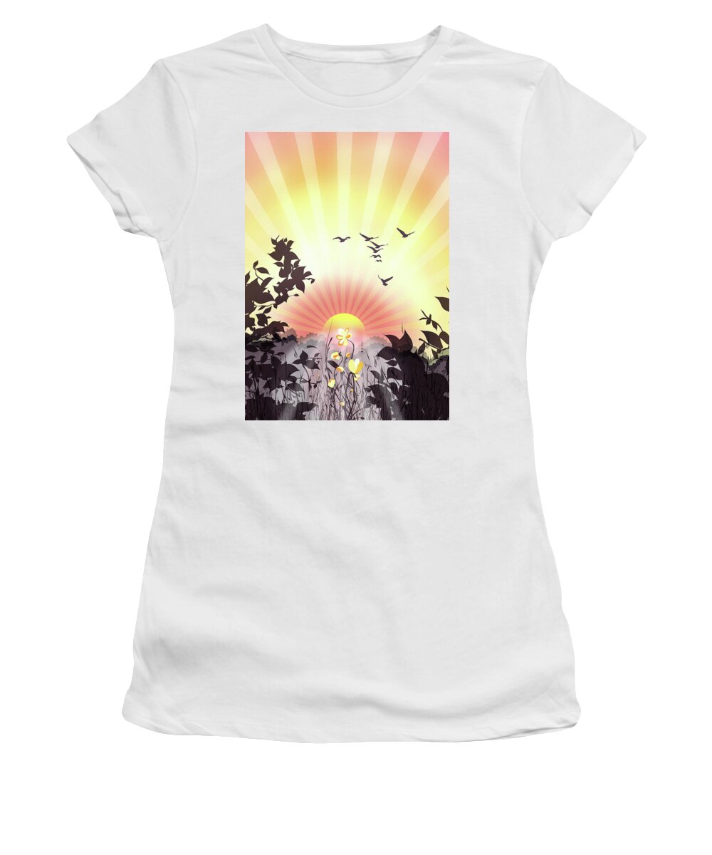 Animal Women's T-Shirt featuring the photograph Birds Flying Over Scenic Sunbeams by Ikon Ikon Images