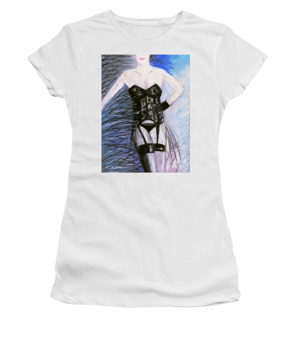 Female In Black Corset Women's T-Shirt featuring the painting Black Lace Corset Art Print by William Cain
