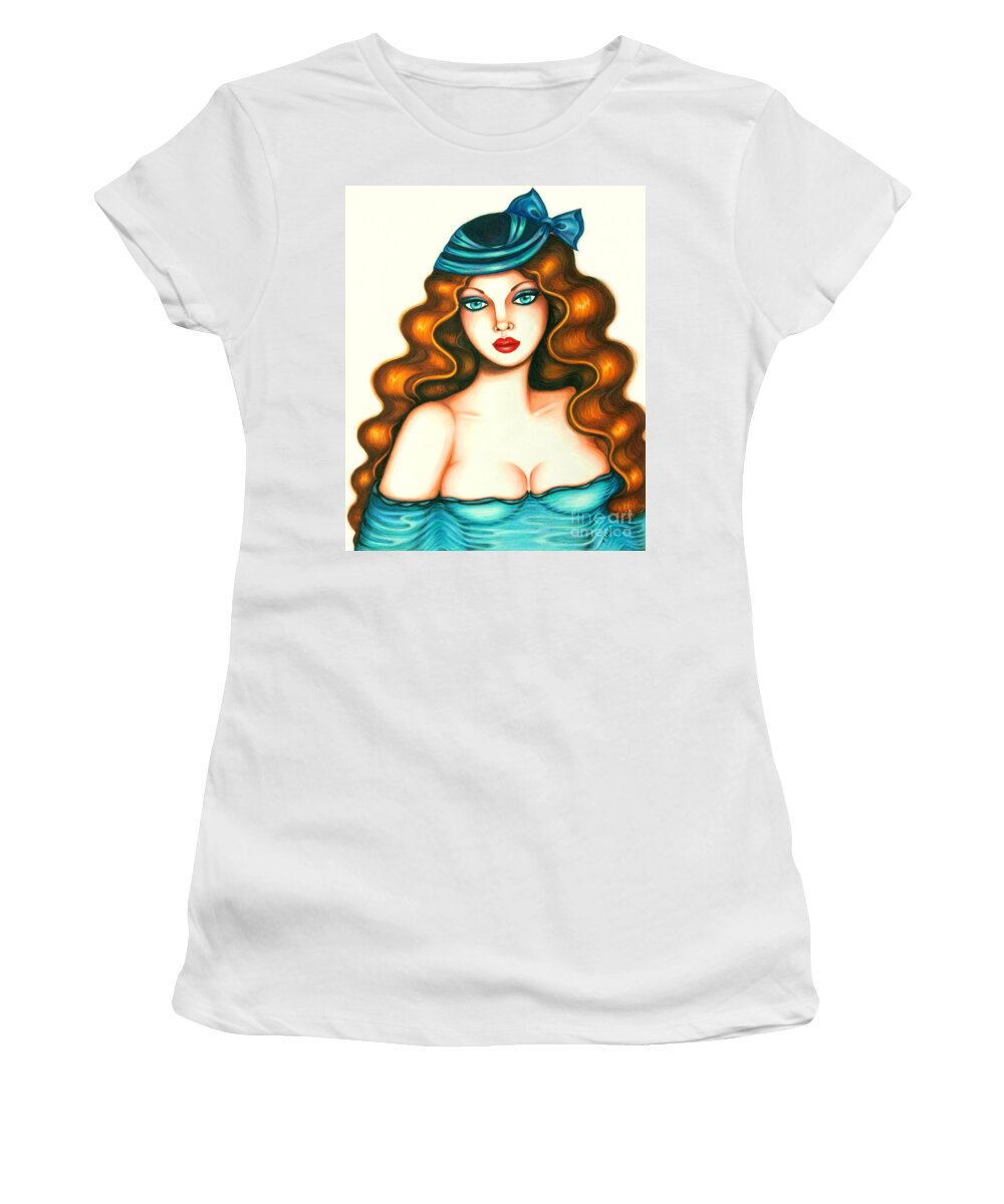 Art Women's T-Shirt featuring the drawing Blue Bow Hat by Tara Shalton